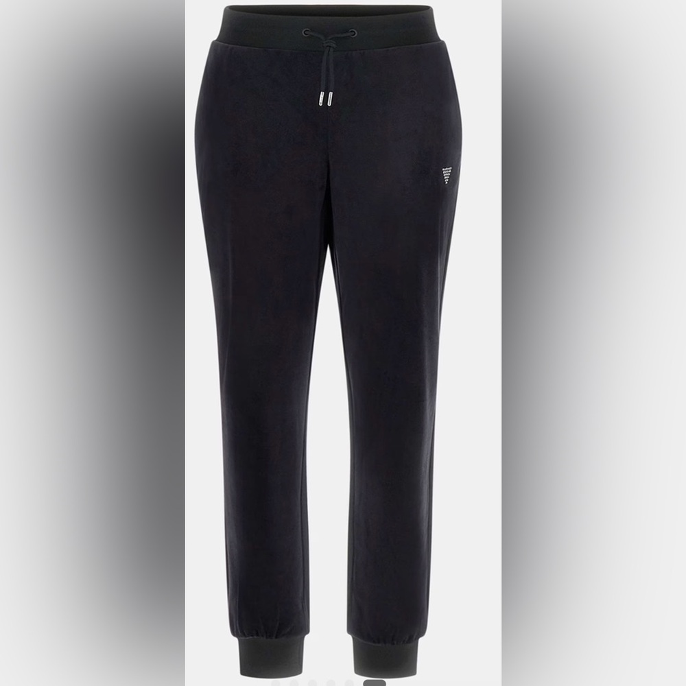 GUESS Black Velour Joggers with Rhinestone Logo — Size Large (NWOT)